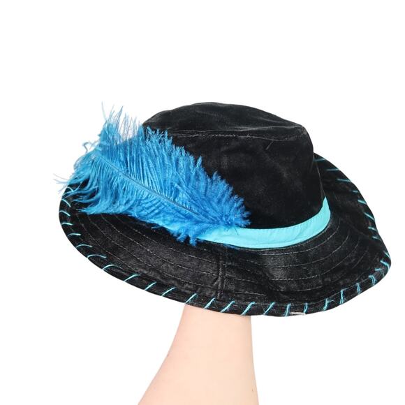 Vintage black velvet wide brim western hat with blue feather - Picture 5 of 8